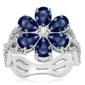 2 Carat Zircon Blue Drop Stone, Magnolia Flower Silver Ring